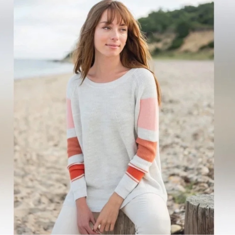 Mersea Camden Striped Traveler Knit Sweater Sea Salt & Coral‎ Rose Back Button